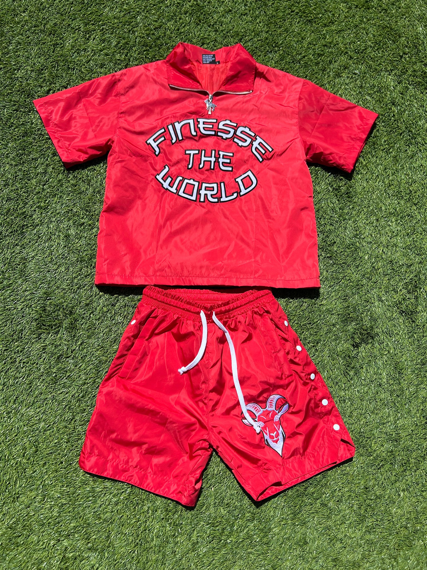 “Finesse The World” Red Short Windbreaker Set