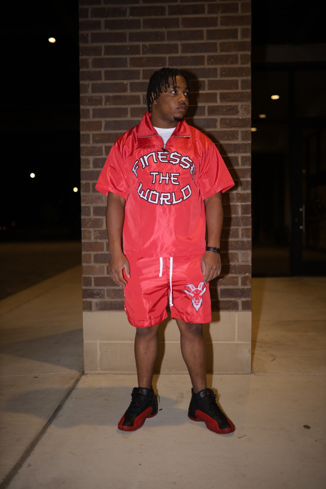 “Finesse The World” Red Short Windbreaker Set
