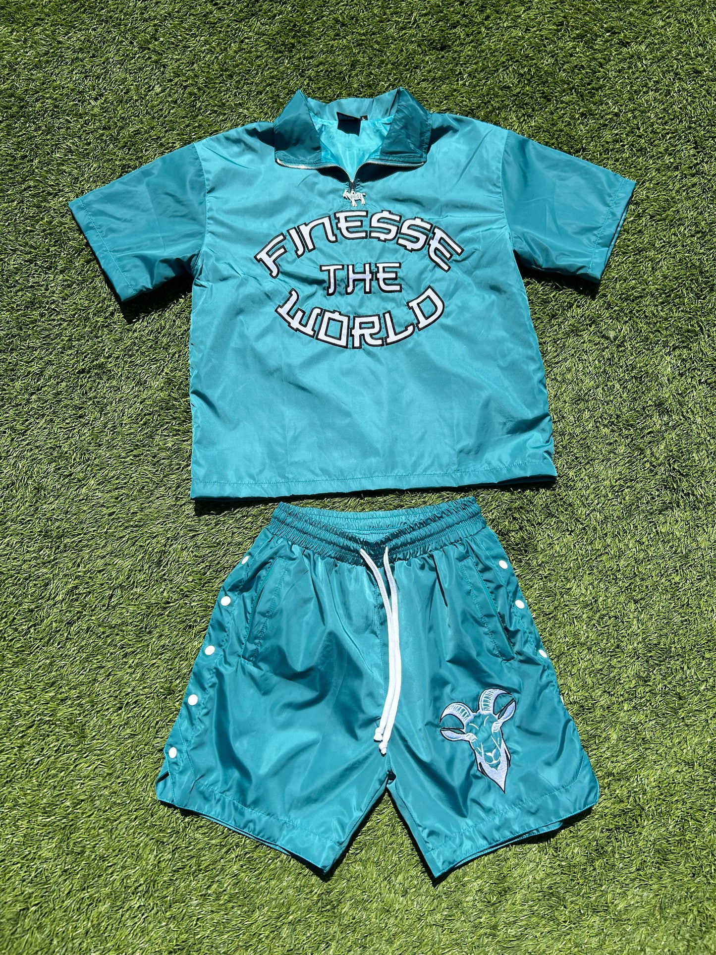 “Finesse The World” Teal Short Windbreaker Set